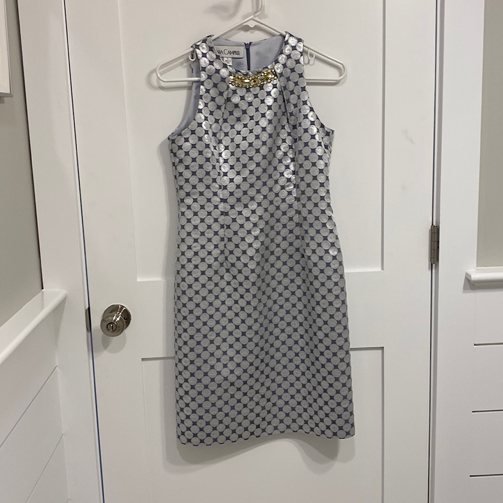 Sara Campbell dress, size 0, silver metallic with beaded neckline
